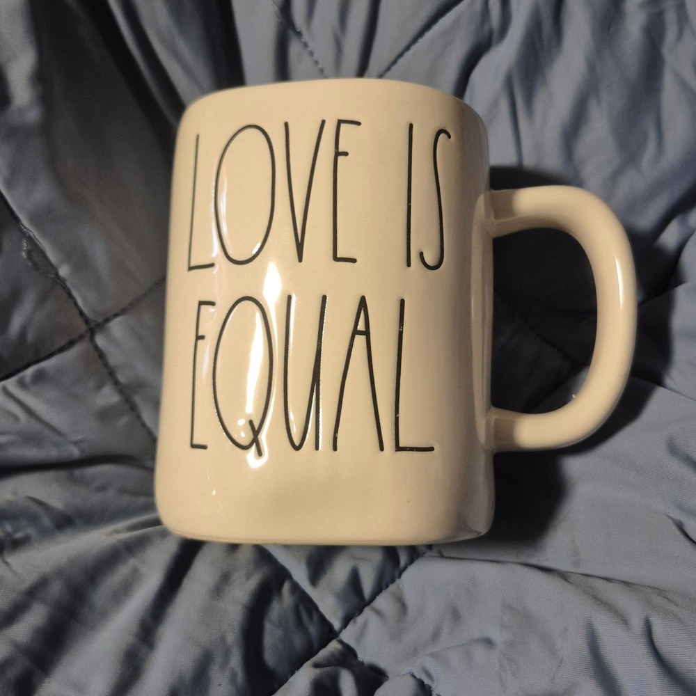 Rae Dunn LOVE IS EQUAL Ceramic Mug Artisan Collection Magenta Farmhouse Cream